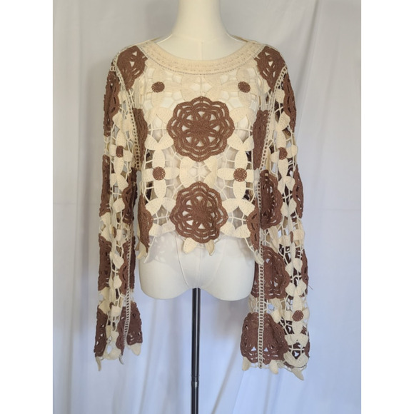 Anthropologie Boho Scrap-Work Brown Cream Carly Crochet Sweater Top Large - Picture 1 of 5